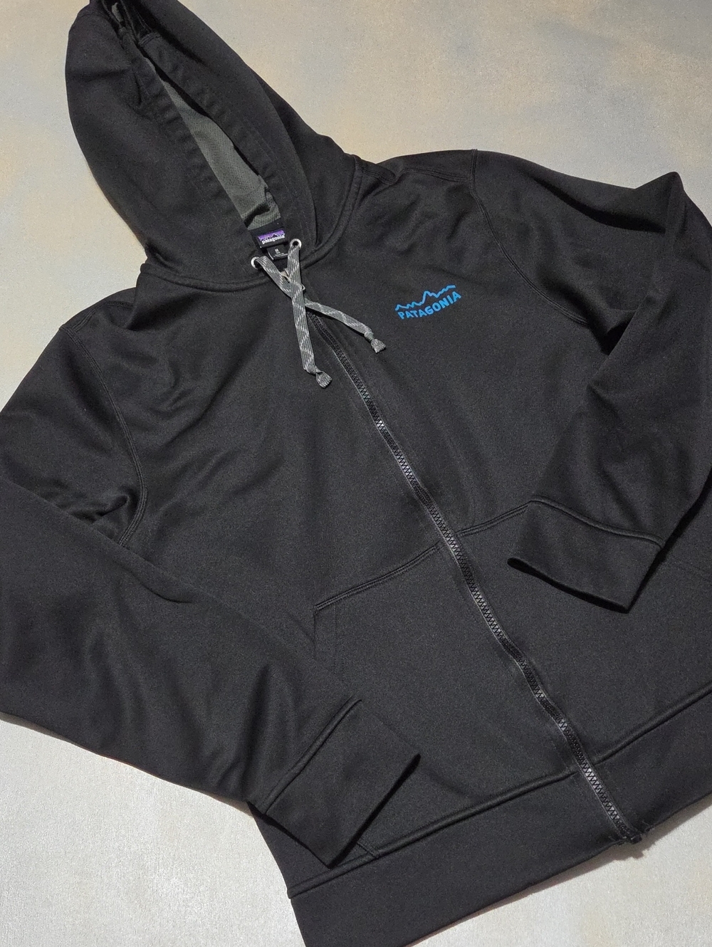 Patagonia Black Zip Hoodie with Blue Logo
